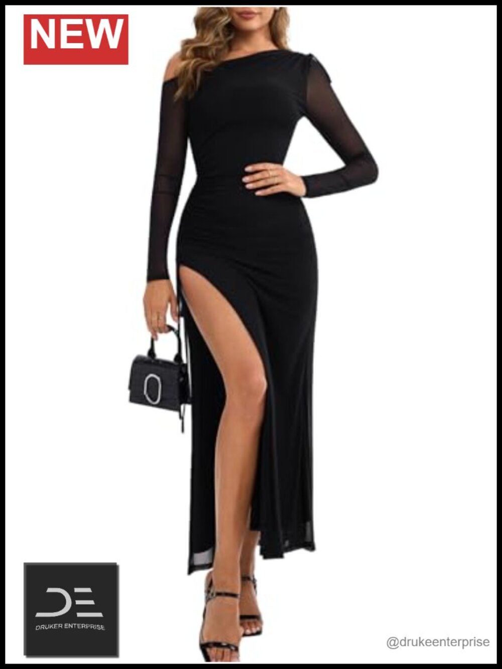 Women's Long Sleeve Mesh Bodycon Maxi Dress One Shoulder High Slit Formal